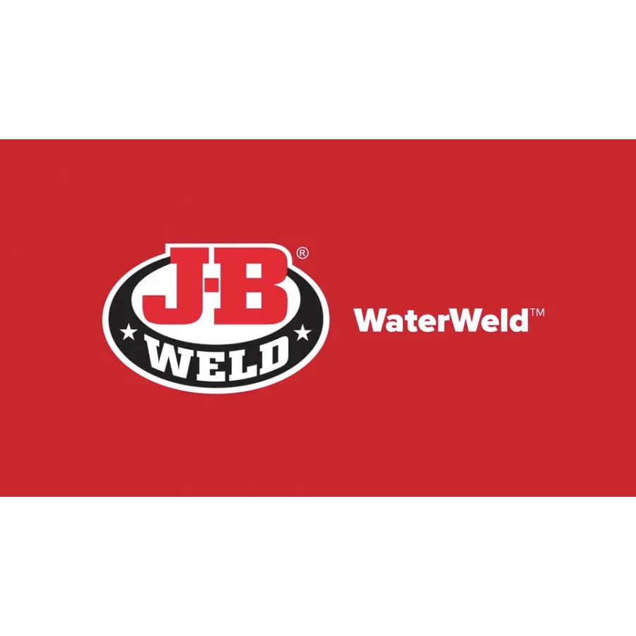 J-B Weld WaterWeld logo on red background with bold white and black text and star accents.