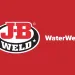 J-B Weld WaterWeld logo on red background with bold white and black text and star accents.