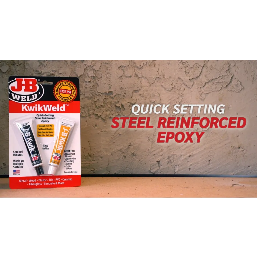 JB Weld KwikWeld quick-setting steel reinforced epoxy with product description and packaging.
