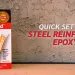JB Weld KwikWeld quick-setting steel reinforced epoxy with product description and packaging.